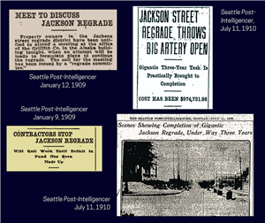 Newspaper clippings against a dark blue background about the Jackson Street regrade